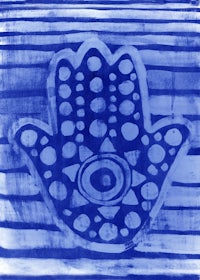 a blue and white hamsa hand on a striped background