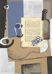 a painting of a musical instrument and a sheet of music