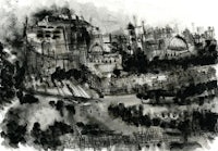 a black and white drawing of a city